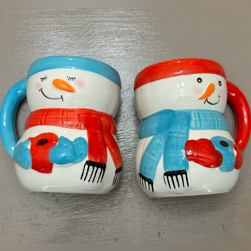 Bay Island Mr. Mrs Pair Snowman Ceramic Mug Set Red Blue Christmas Holiday Gift